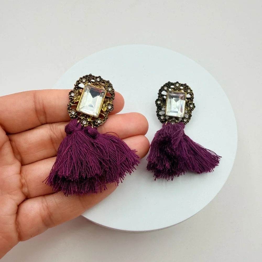 Vintage Y2K Gold Tone Purple Tassel Emerald Cut Earrings Women's Classic Jewelry
